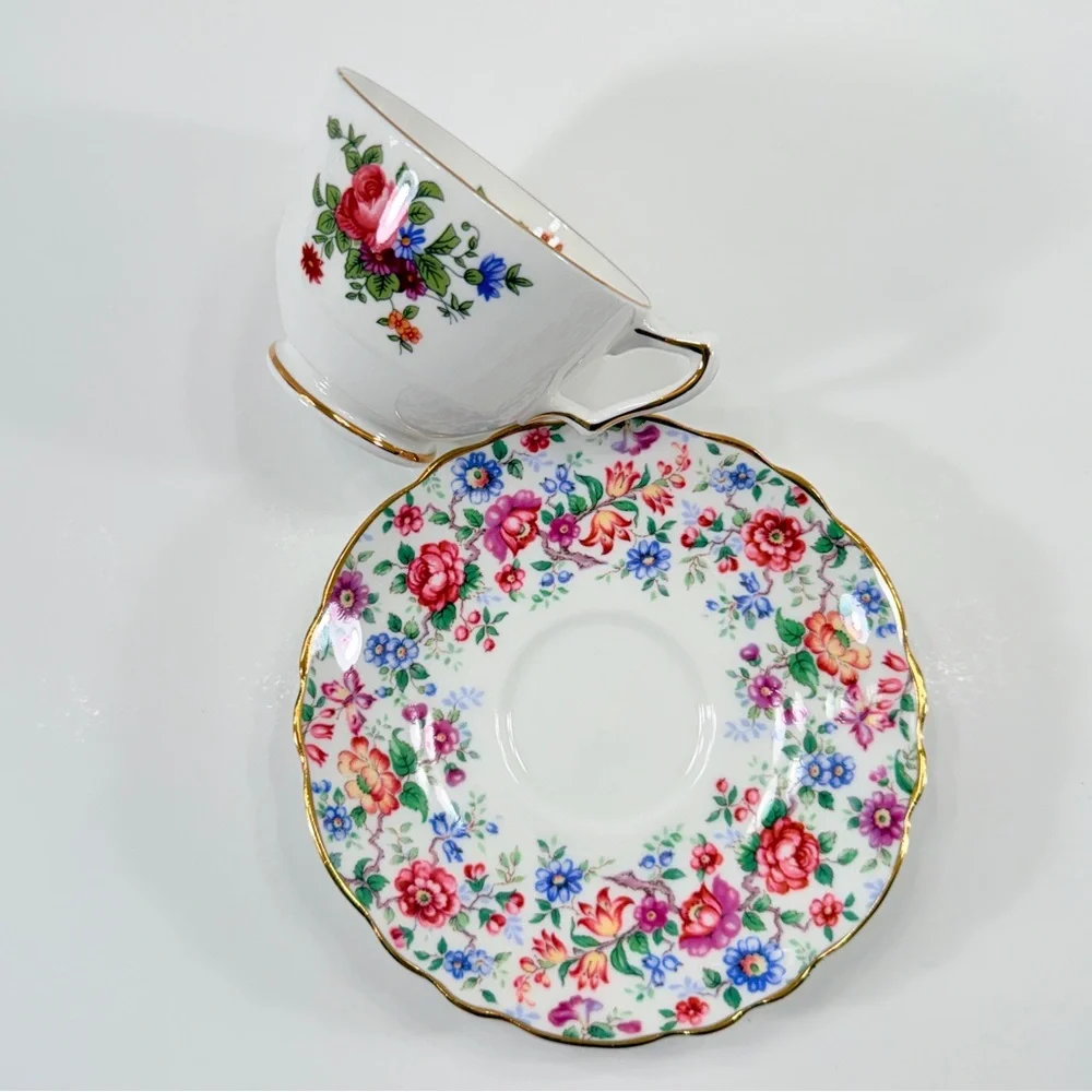 Crown Staffordshire England Fine Bone China Floral Gold Trim Teacup Cup & Saucer